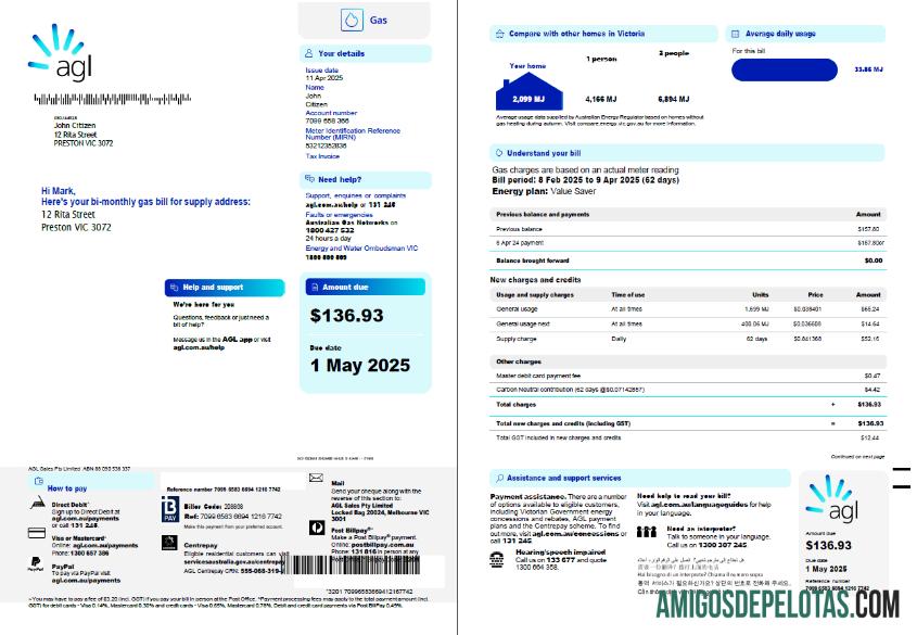 para download Modelo de conta de serviços públicos de gás AGL da Austrália em formatos Word e PDF, 3 páginas, 1 2 páginas